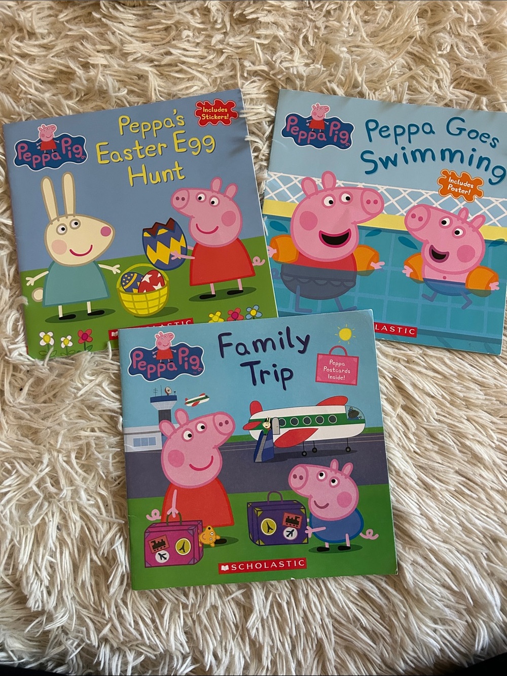 3 Peppa Pig books with stickers, postcards and poster, swimming Easter family